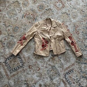 Blank NYC Tan and Red Leather Jacket with Floral Embroidery